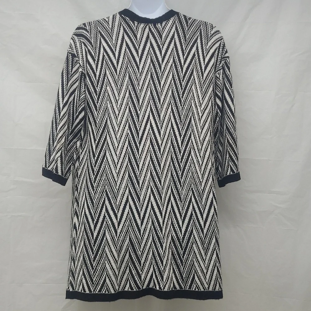 New Directions Black and White Chevron Knit Open Cardigan Midi Nordic Minimalist